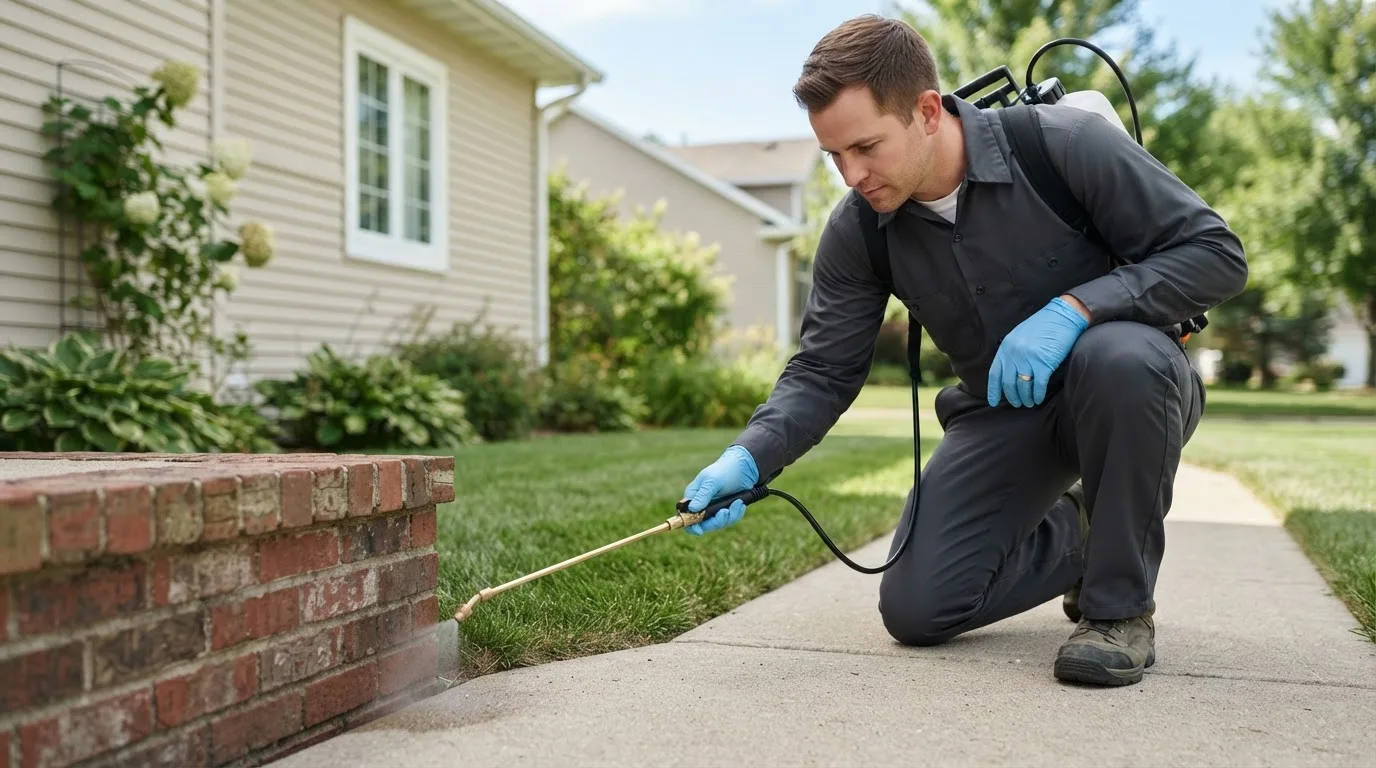 Pest control technician treating a home near Solsberry, IN